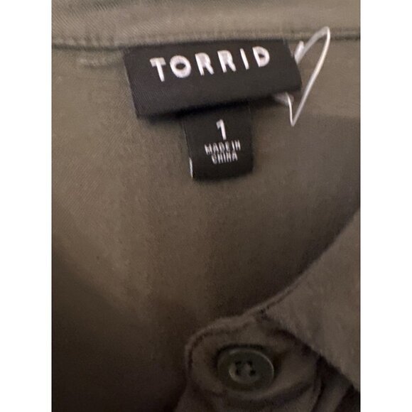 Torrid Olive Green Twill Button Front Waist Tie Shirt Dress Size 1 - Picture 2 of 7